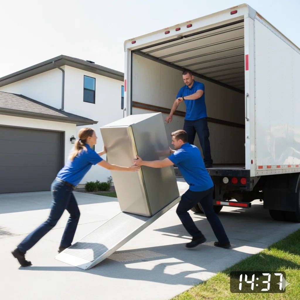 A three-person crew quickly loads a large refrigerator onto a white moving truck via a ramp, with a digital timer indicating urgency, set in a sunny suburban driveway.