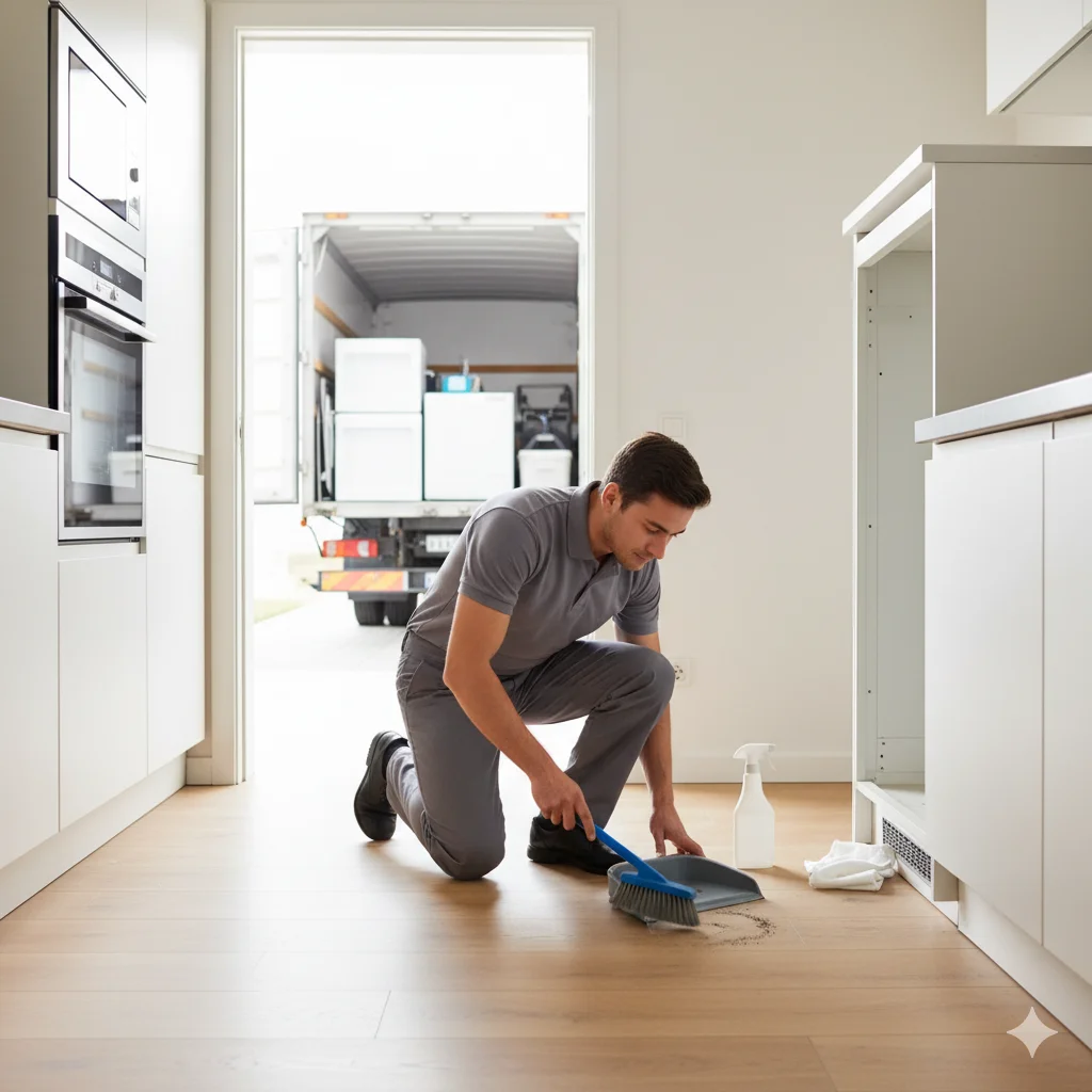 A person in a gray uniform sweeps up dust and debris from a clean kitchen floor after an appliance has been removed, with a moving truck visible outside the doorway.