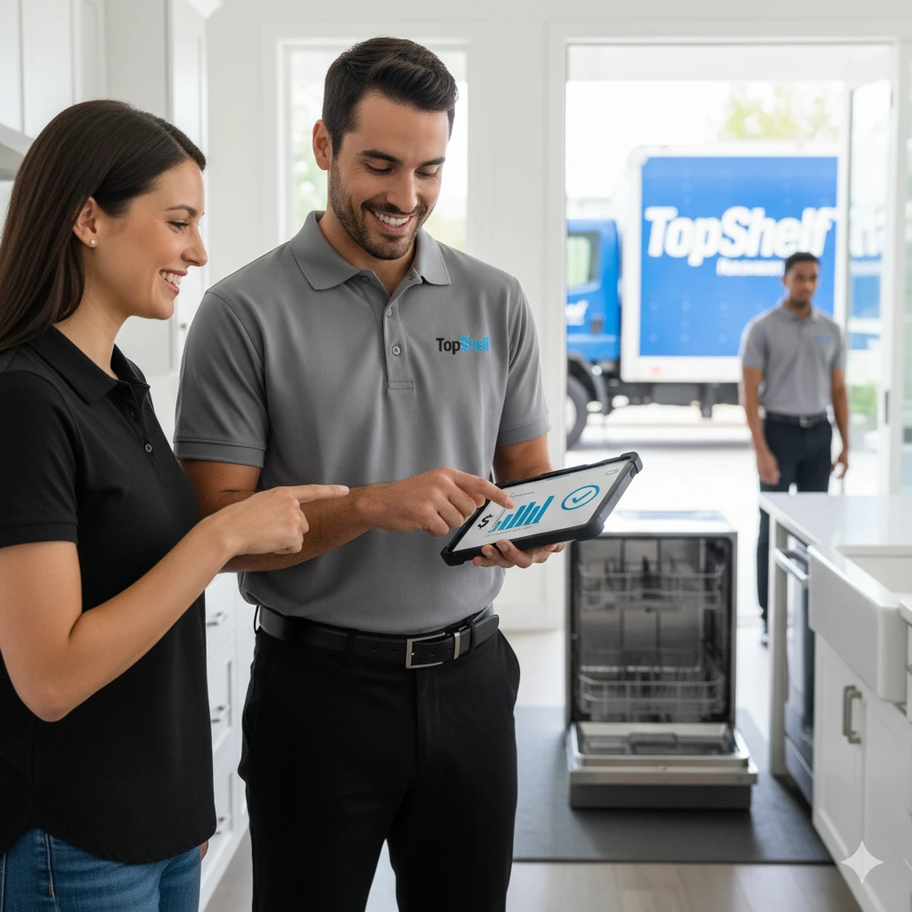 A male appliance removal technician, wearing a T-shirt with the TopShelf logo, stands next to a kitchen cabinet opening where a dishwasher has been removed. He is showing a simple, clear price sheet or tablet screen to a customer, emphasizing the upfront, honest cost for the removal service.