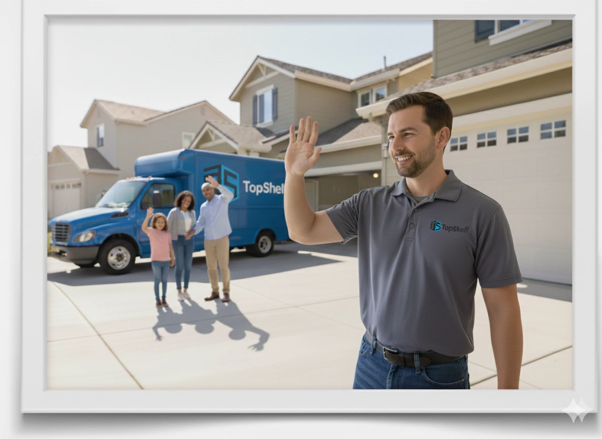 A friendly, uniformed appliance removal service technician, wearing a T-shirt with the TopShelf logo, stands in a clean garage or driveway. He is facing and waving warmly to a diverse family of three in the background, conveying a helpful and approachable local service experience.