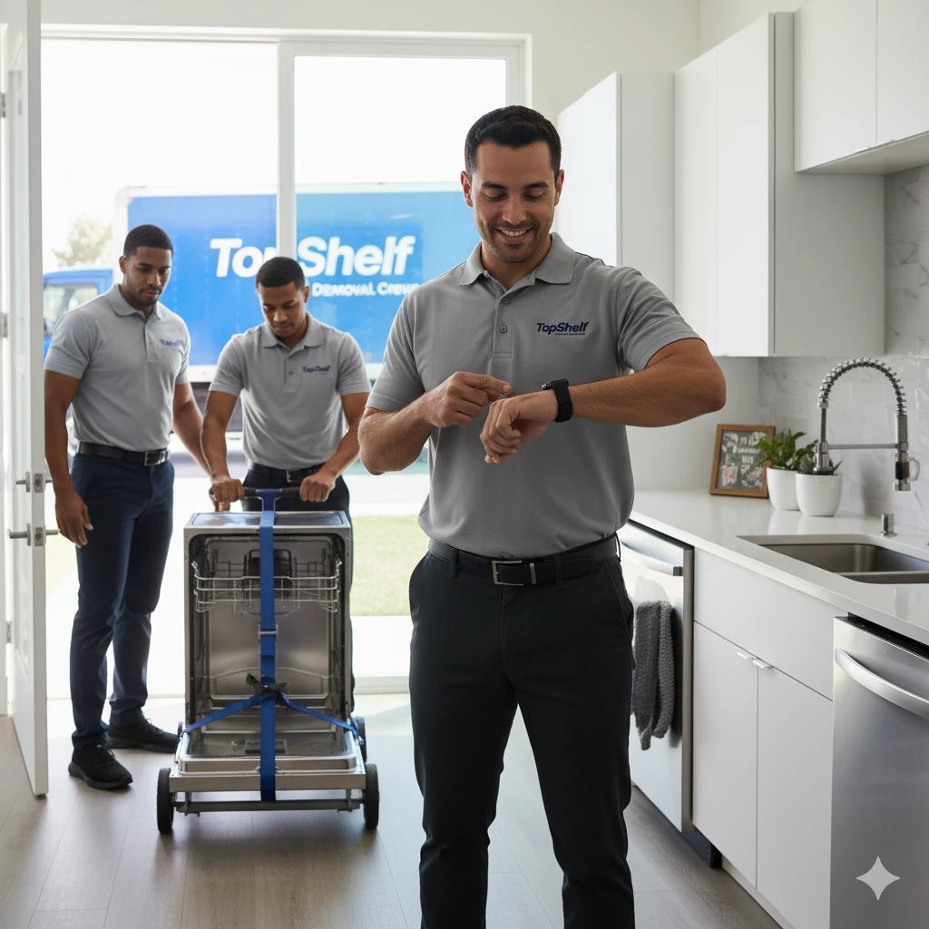 A smiling male appliance removal technician, wearing a T-shirt with the TopShelf logo, checks his smartwatch to confirm punctuality. In the background, two other uniformed crew members are meticulously moving a dishwasher on a dolly, showcasing the team's reliability and professional execution.
