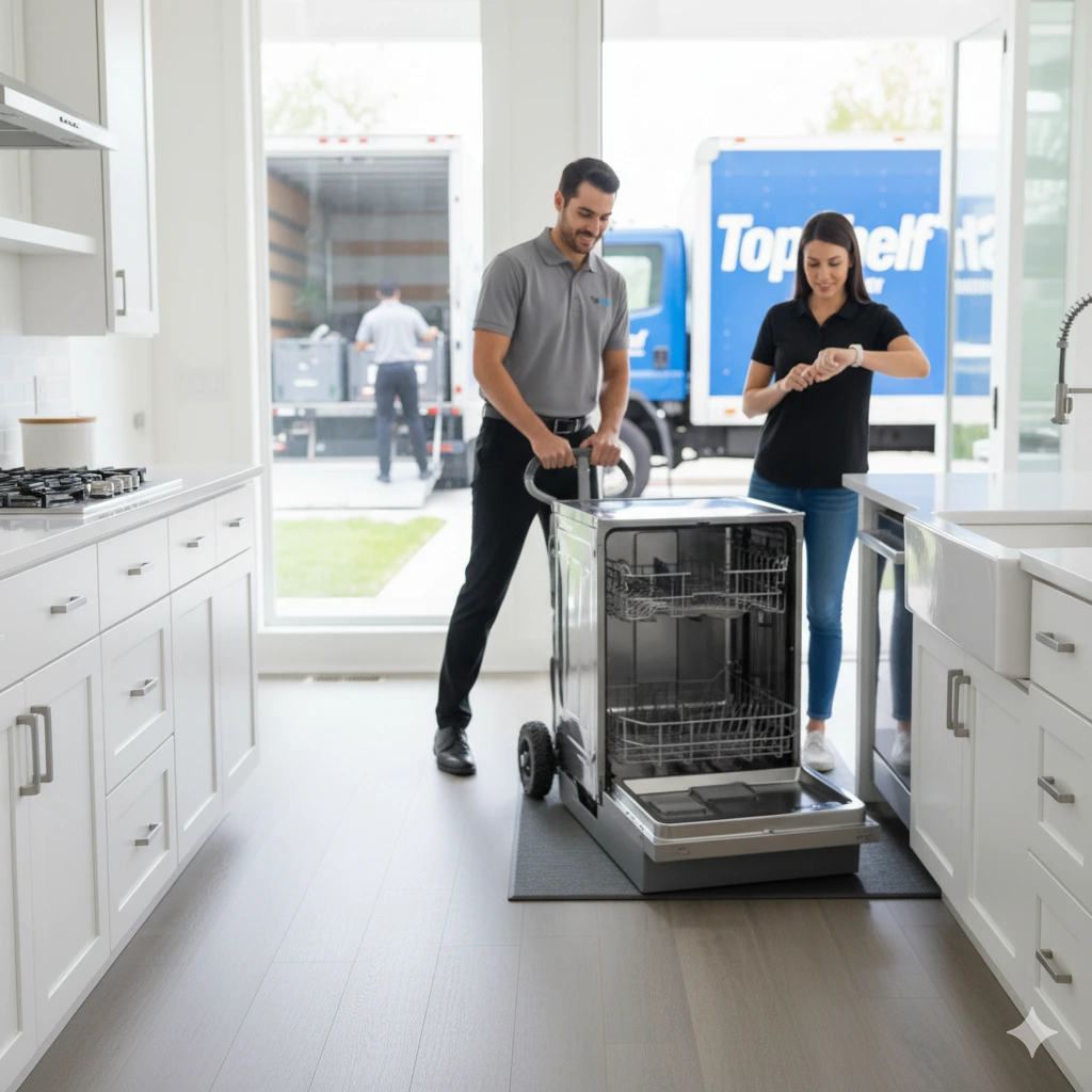 A male appliance removal technician, wearing a T-shirt with the TopShelf logo, efficiently maneuvers a dishwasher on a dolly through a modern kitchen. A female customer in the foreground checks her watch, conveying the promptness and speed of the same-day pickup service.