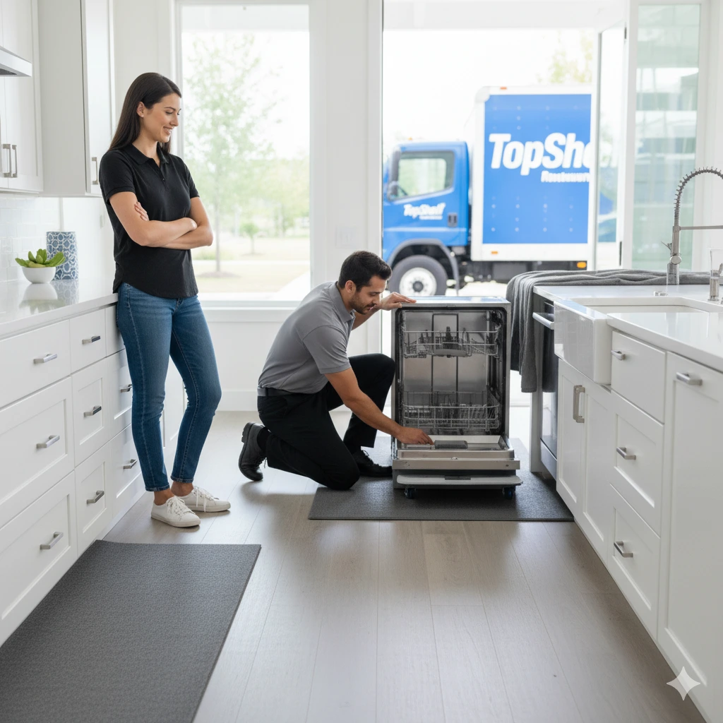 A male appliance removal technician, wearing a T-shirt with the TopShelf logo, kneels down to carefully adjust protective matting on a kitchen floor before removing a dishwasher. A female customer observes, with a TopShelf truck visible through the open door, illustrating the team's commitment to protecting the home during the service.